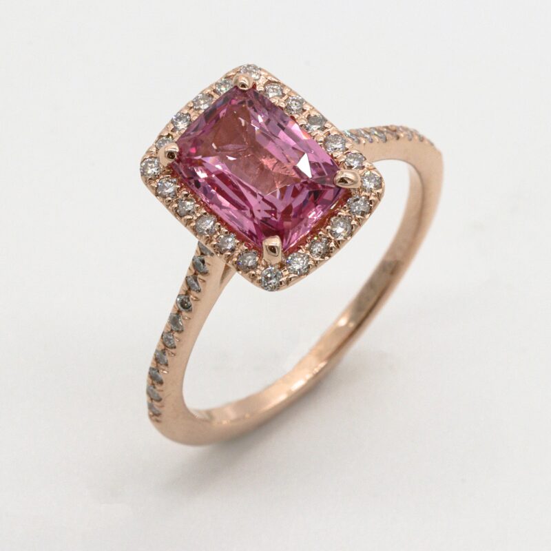 Rose gold pink sapphire and diamond cushion cut ring