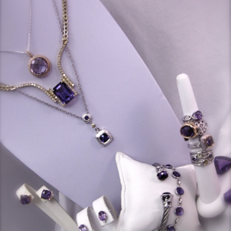 Amethyst necklace, ring, earrings, and bracelet