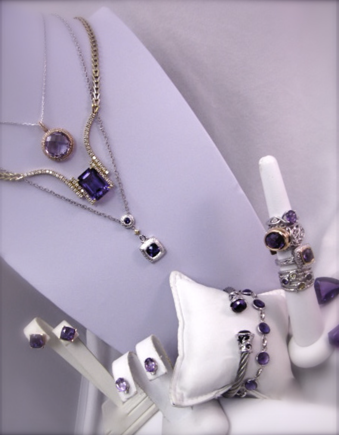 Amethyst necklace, ring, earrings, and bracelet